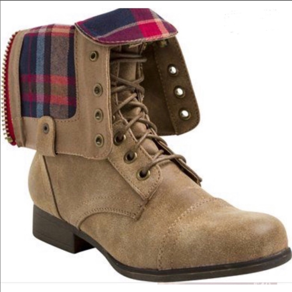 Madden Girl Galeriaa boots with plaid interior.